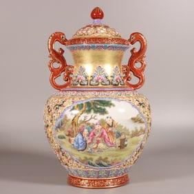 A Qing Qianlong enamel carved gold ground window figure amphora