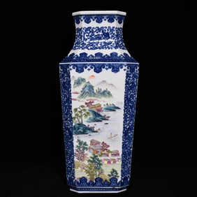 A piece of Qing Qianlong blue flower pastel landscape pattern square bottle (studded restoration)