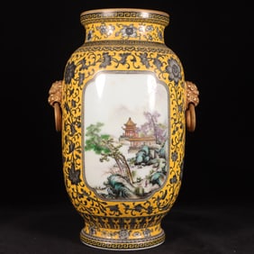 A piece made in the Qianlong year yellow ground ink color entwined lotus flower open window