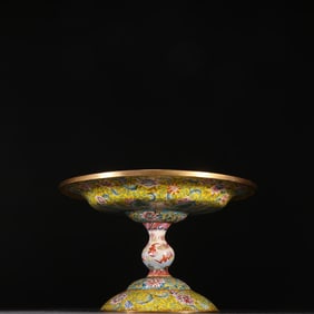 A Qing bronze tire painting enamel flower and bird pattern offering plate
