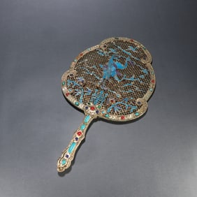 A Qing silver gilt cloisonné dotted emerald cloud crane pattern fan