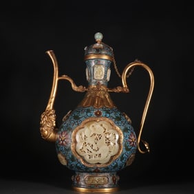 A Qing copper tire cloisonné painting enamel inlaid with Hetian jade pot