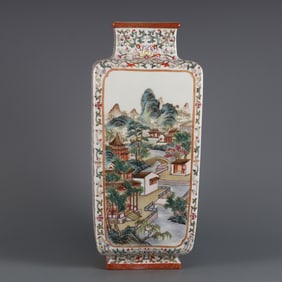 A square bottle made in the Qianlong period of the Qing Dynasty with a pastel window and a landscape