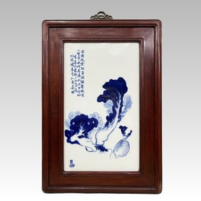 A rosewood frame painting of blue and white "cabbage" porcelain panels