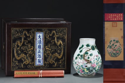 A pastel pine crane flower poem made in the Yongzheng era of the Qing Dynasty is painted with gold