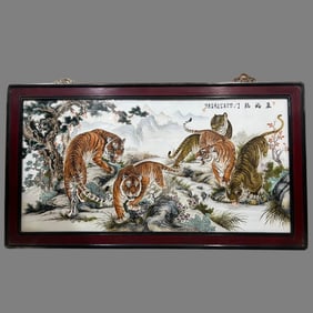 A porcelain panel painting of the Eight Friends of Zhushan "Bi Botao" Five Blessings at the Door