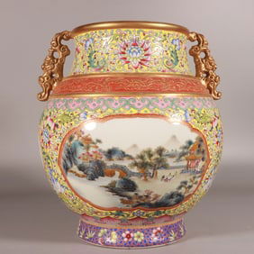 A piece made in the Qianlong era, pastel yellow ground carved with gold with open window mountain