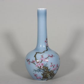 A Qing Yongzheng sky blue glazed enamel flower poetry vial
