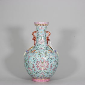 A Qing Qianlong turquoise green background pastel treasure flower amphora