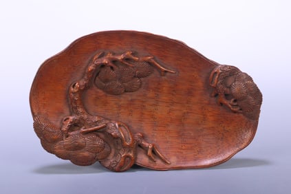 A piece of bamboo root carved pine tree wash