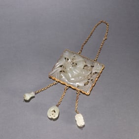 A piece of Liao gold Hetian jade-enclosed gold transparent carving boy holding fish pendant
