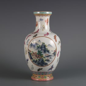 A Qing Dao Lightyear pastel butterfly pattern window landscape pattern appreciation vase