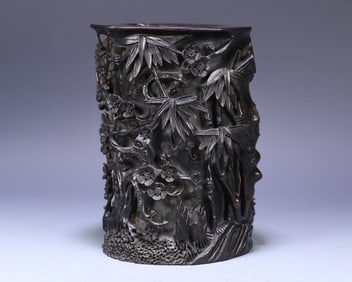 A piece of late Qing small-leaved rosewood H: embossed pine, bamboo, plum pen holder