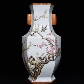 A Qing Qianlong pastel carved magpie plum pattern hexagonal ear vase
