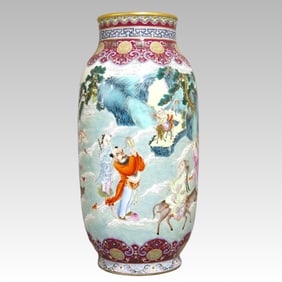 A Qing Dynasty Qianlong carmine red earthside character story Eight Immortals barrel bottle