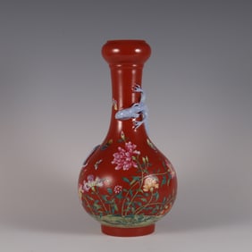 A Qing Yongzheng imperial coral red background pastel peony pattern dragon vase