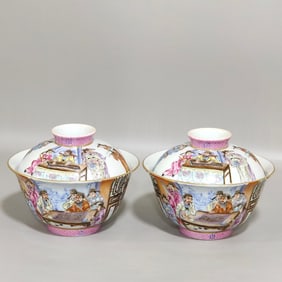 A pair of Qing Qianlong pastel character story gaiwan