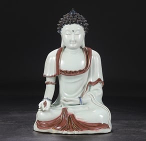 A seated statue of the Buddha in blue and white glaze in the Yuan Dynasty
