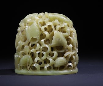 A piece of Qing Dynasty topaz carved lotus pond Qingqu furnace top literati offering