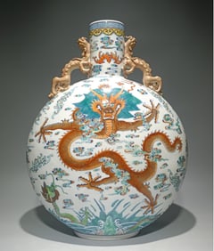 A Qing Qianlong model Doucai Canglong godson double dragon ear holding moon bottle