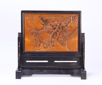 A late Qing Dynasty rosewood inlaid boxwood relief character story insert