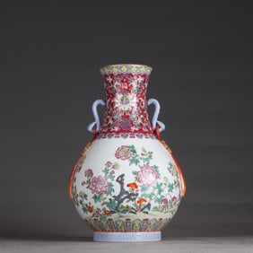 A Qing Qianlong pastel floral pattern ruyi streamer amphora