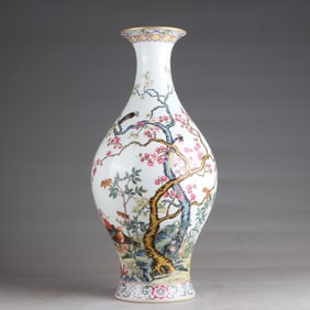 A Qing Yongzheng enamel colored gold-painted magpie Denmei poetry olive vase