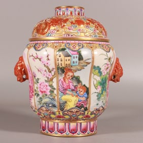 A piece of Qing Qianlong enamel carved gold background window Western figure elephant ear tea jar