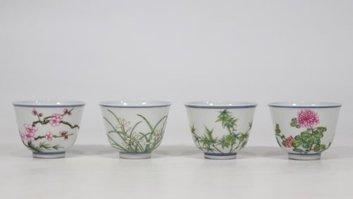 A set of pastel plum orchids and bamboo chrysanthemums poetry cups made in the Qing Yongzheng year