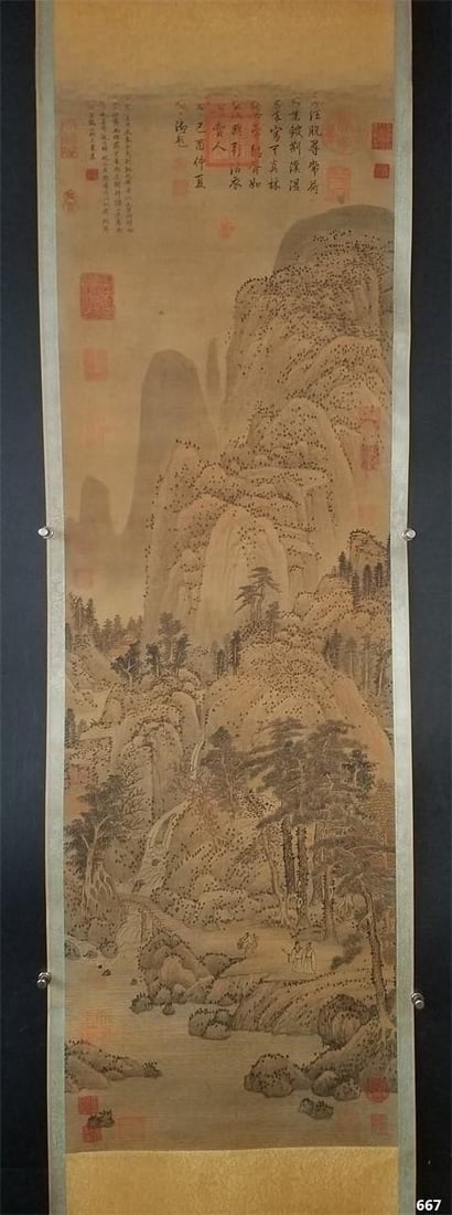 Wang Meng's chance encounter picture of the stream and mountains: Wang Meng's chance encounter picture of the stream and mountains SIZE: Painting core:127cm ×41cm (The Dimensions Of All Batches Are Manually Measured.If You Need More Detailed Information, Please Con