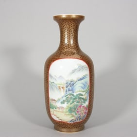 A pastel landscape water vase painted with gold painted windows in the Qing Dynasty
