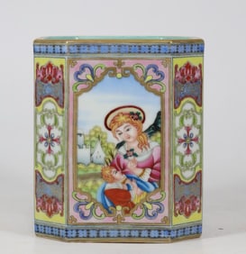 A Qing Yongzheng era enamel color Western figure octagonal pen holder