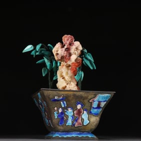 A late Qing Dynasty copper tire burnt blue inlaid tourmaline Shoushan stone bonsai