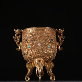 A copper-gilt three-legged permanent cup inlaid with a hundred treasures
