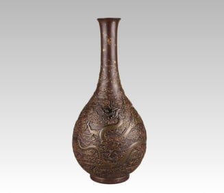 A Qing Qianlong imitation bronze carved double dragon bead vase