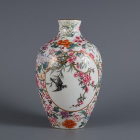 A pastel consecrated flower and bird pattern small mouth bottle made in the Qing Yongzheng year