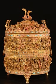 A three-legged bottle of sterling silver gilt fried beads