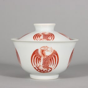 A Qing Jiaqing alum red group phoenix pattern gaiwan