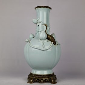 A pink blue glaze inlaid copper crane longevity peach bottle