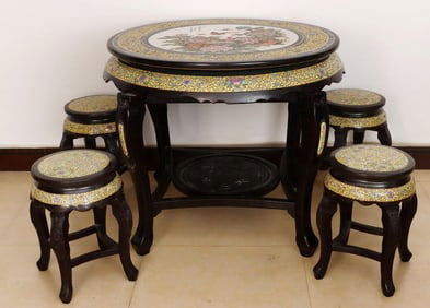A set of Qing Dynasty rosewood pastel flower and bird table and stool