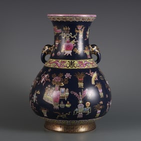 A piece of Qing Qianlong year Ji blue glaze plus pastel gold painting Bogu Tu Long ear statue