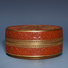 A Qing Qianlong lacquered red relief gilt cloud dragon pattern printing box