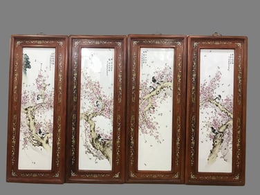 A piece of painting on the tip of the eyebrows on the porcelain plate painting four screens as the