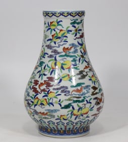 A Qing Yongzheng year Dou Cai Shou Peach Bat Auspicious Cloud Pattern Fu Tube Bottle