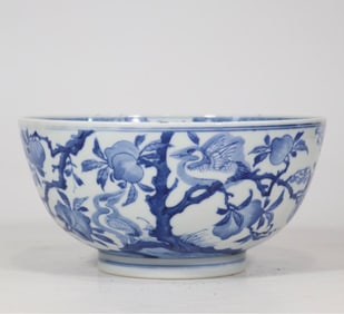A blue and white longevity peach crane pattern bowl made in the Ming Chenghua year