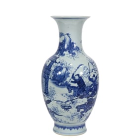 A blue and white character story bottle made in the Kangxi era of the Qing Dynasty