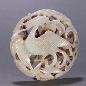 A piece of Liao gold Hetian jade transparent carved crane pattern belt board