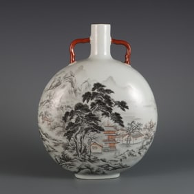 A flat bottle of ink color landscape characters made in the Qianlong period of the Qing Dynasty