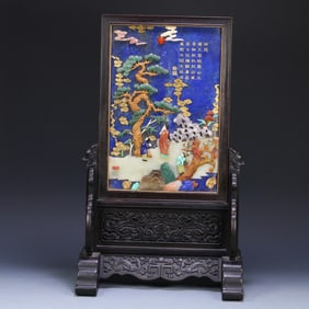 A Qing Qianlong rosewood frame lapis lazuli hundred treasures inlaid character story inserts