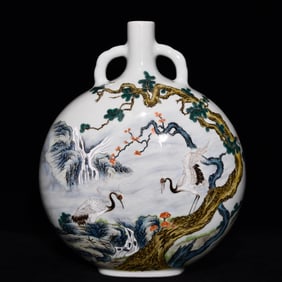 A Qing Yongzheng pastel pine crane longevity pattern amphora flat bottle
